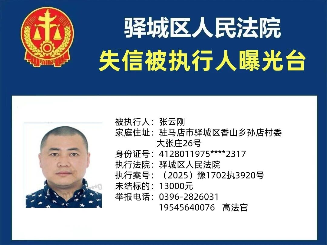 驛城區(qū)人民法院2025年“失信”被執(zhí)行人曝光臺(tái)第三期