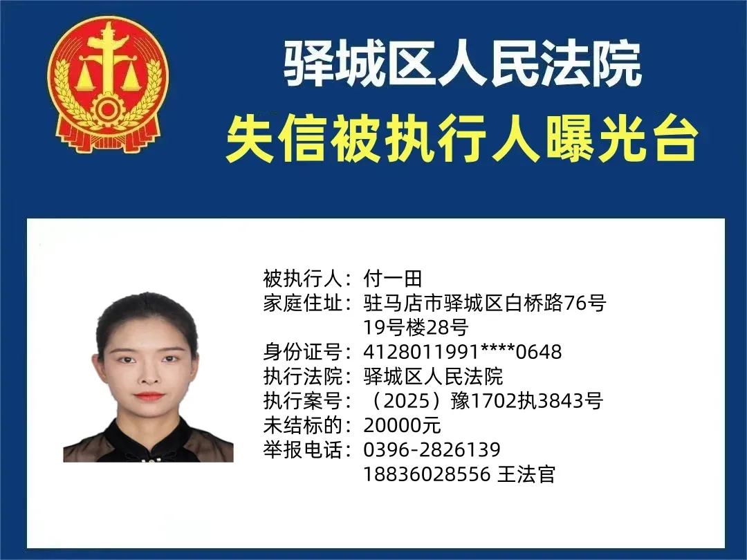 驛城區人民法院2025年“失信”被執行人曝光臺第四期
